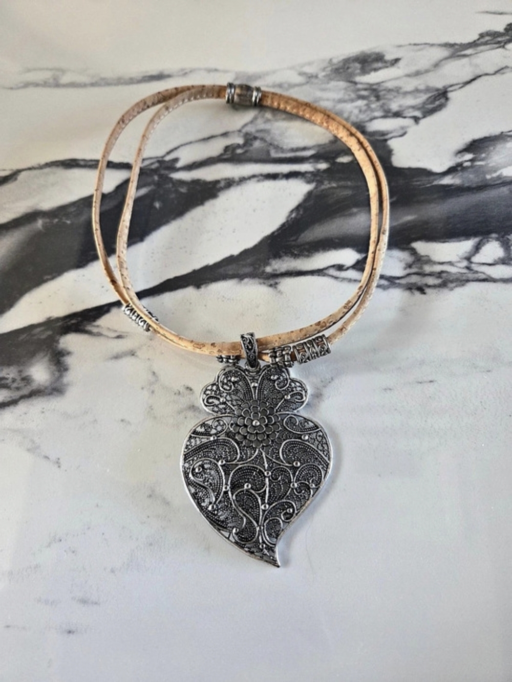 Portuguese Filigree Heart Pendant on Double-Strand Cork Cord Necklace